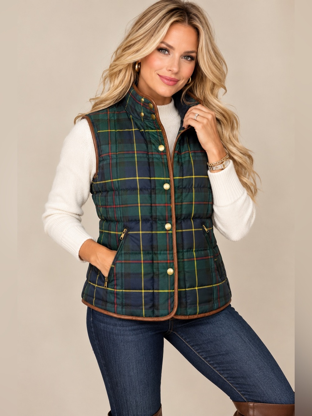 Lauren Ralph Lauren Women’s XL Plaid Quilted Puffer Vest Leather Trim Green Navy
